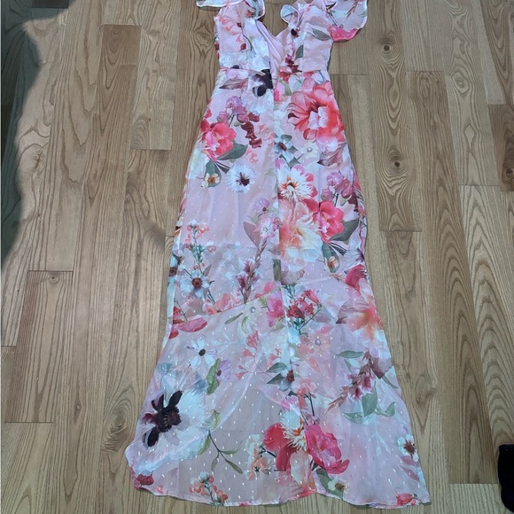 Lipsy Beautiful Floral Pink and White Maxi Dress Asymmetrical - Picture 5 of 6